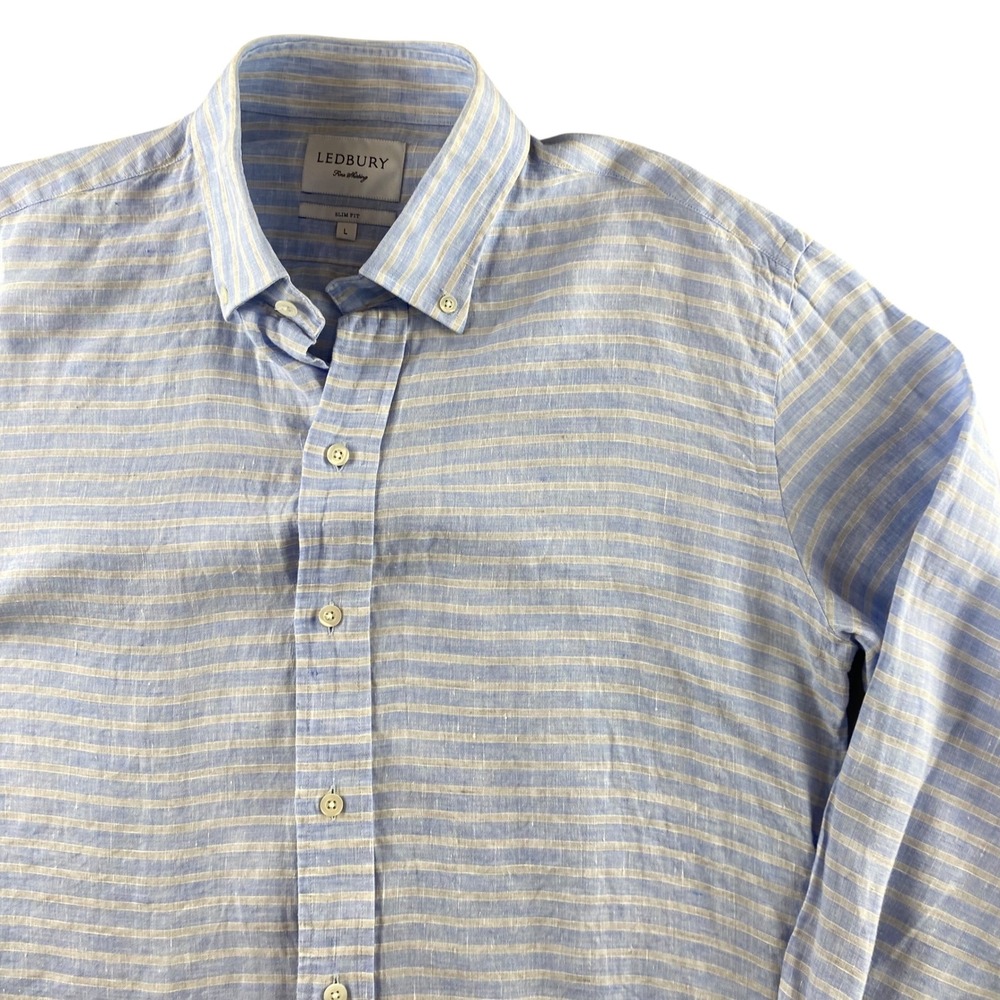 Ledbury Mens Slim Fit 100% Linen Long Sleeve‎ Striped Button Down Shirt Blue L